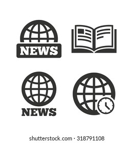 News icons. World globe symbols. Open book sign. Education literature. Flat icons on white. Vector