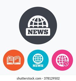 News icons. World globe symbols. Open book sign. Education literature. Circle flat buttons with icon.