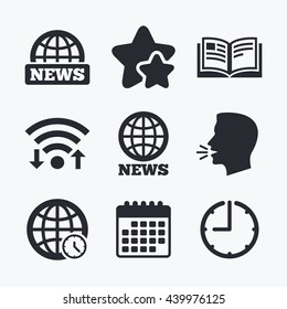 News icons. World globe symbols. Open book sign. Education literature. Wifi internet, favorite stars, calendar and clock. Talking head. Vector