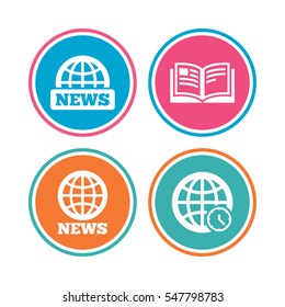 News icons. World globe symbols. Open book sign. Education literature. Colored circle buttons. Vector