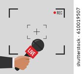 news illustration on focus TV and live with camera frame & record vector. Human hand & modern mic. Journalism on flat design & gray background concept & creative Microphone and one journalist cartoon 