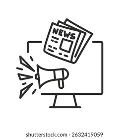 news information icon, media content, megaphone, newspaper, pc vector illustration