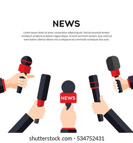 News interview vector illustration. Hands with microphones on white background. Mass media TV newscast illustration concept. Vector illustration in flat style