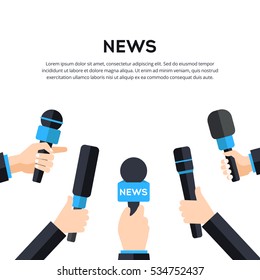 News interview vector illustration. Hands with microphones on white background. Mass media TV newscast illustration concept. Vector illustration in flat style