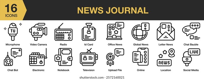 News Journal icon set. Includes press, news, media, journalism, newspaper, information, and More. Outline icons vector collection.