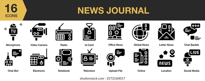 News Journal solid icon set. Includes press, news, media, journalism, newspaper, information, and More. Solid icons vector collection.