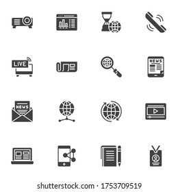 Vektorsymbol-Set von News & Journal, moderne solide Symbolsammlung, gefülltes Piktogramm-Paket im Stil. Zeichen, Logo-Illustration. Set enthält Symbole wie Live-Rundfunk, Newsletter, Zeitung, Projektor, Notizen