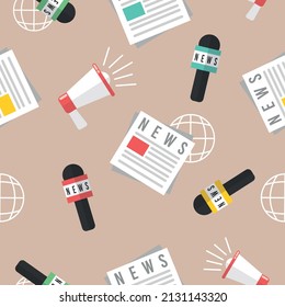 News and Journalism Concept Vector Seamless Pattern. Newspaper, Microphone, Globe Earth Icon and Megaphone Loudspeaker Illustrations. Press Elements Texture Background. Can be printed or used in web.