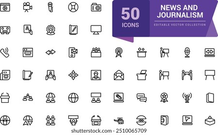 News and journalism icons collection. Related news, press, newspaper, journalism. Pixel perfect, minimalistic web and UI icon. Outline icon collections.