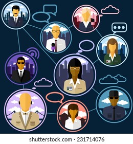 News journalist with microphone interviewing in flat design. Teleconference between journalists correspondents from different locations to connect avatar