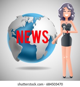 News Journalist Reporting Reporter Female Character Girl Mass Media Symbol on World Background Design Template Vector Illustration