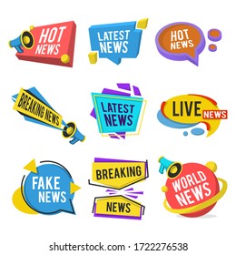 News labels flat icon collection. Breaking, latest, hot, world, sport and fake news titles vector illustration set. Newsletter, TV headline and typography concept