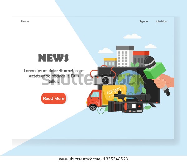 News landing page template. Vector flat style\
design concept for live hot breaking news website and mobile site\
development. Hand holding microphone, tv news channel car van, mass\
media equipment.