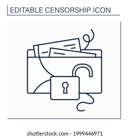 News leak line icon. Unsanctioned release of confidential information to news media. Premature information publication.Censorship concept. Isolated vector illustration. Editable stroke