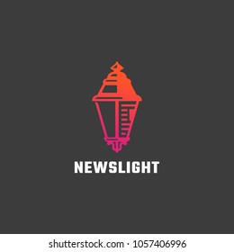 News Light Abstract Vector Sign, Symbol or Logo Template. Traditional Retro Street Lamp or Lantern Silhouette with Incorporated Newspaper. On Dark Background.