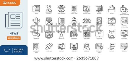 News line editable icon set. Contain icons related to News, journalism, media, press, information, reportage, Newspaper, and more. Editable stroke. Vector illustration