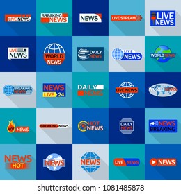 News live breaking label icons set. Flat illustration of 25 news live breaking label vector icons for web