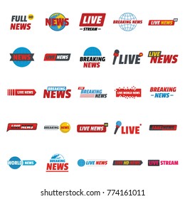 News live breaking label icons set. Flat illustration of 25 news live breaking label vector icons for web