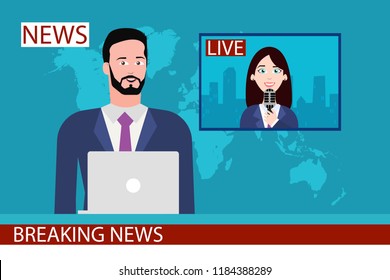 News live concept. Journalist broadcasting the news with a reporter live on tv screen isolated on blue worldmap on background. Eps 10 Vector illustration, Minimalist flat business style modern design