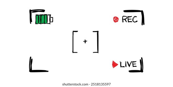 Notícias, gravação ao vivo, conceito de jornalista. Instantâneo de moldura desenhado à mão. visor da câmara de vídeo do telefone celular, rec. Toque de desenhos animados, microfone, podcast, voz. Repórter, entreviste, entrevista coletiva.