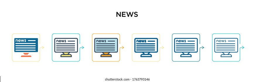 News logo vector icon in 6 different modern styles. Black, two colored news logo icons designed in filled, outline, line and stroke style. Vector illustration can be used for web, mobile, ui