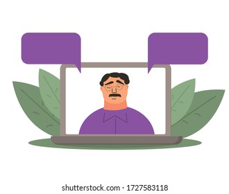 News. Male host talking about current situation. Online call or meeting for a remote job. Stream friends. Chatting from home. Vector flat illustration.