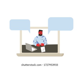 News. Male host talking about current situation. Online call or meeting for a remote job. Stream friends. Chatting from home. Vector flat illustration.