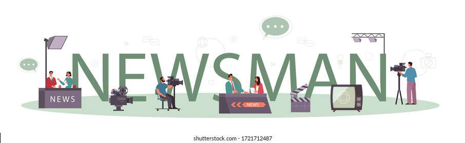 News man typographic header concept. Television host in studio. Broadcaster speaking on camera, reporting news. Isolated vector illustration