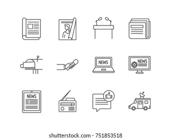 News and mass media related line icons set with magazine, press conference stage, newspaper, post box, hand holding microphone, radio, trailer with satellite.