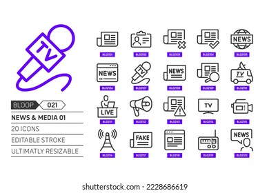 News and media 01 related, pixel perfect, editable stroke, up scalable, line, vector bloop icon set. 