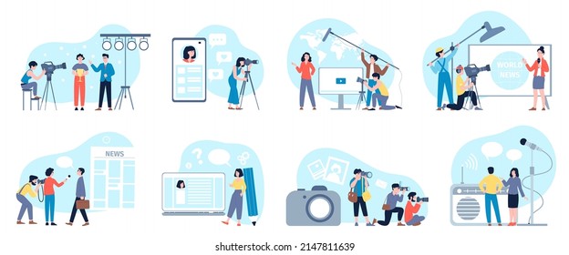 News media bloggers writing posts, doing news with smartphones and cameras. Flat cartoon journalists, reporters, tv show interview, recent vector scenes