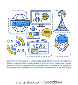 News media, broadcasting industry article page vector template. Brochure, magazine, booklet design element with linear icons and text boxes. Print design. Concept illustrations with text space 