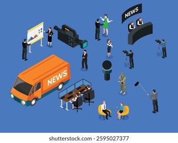 News Media and Broadcasting Process 3d flat vector illustrations