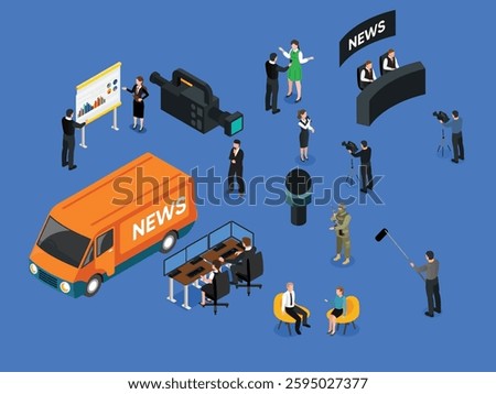 News Media and Broadcasting Process 3d flat vector illustrations