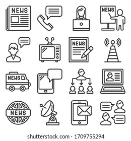 News and Media Communication Icons Set on White Background. Line Style vector