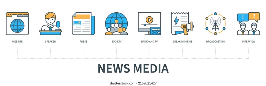 News media concept with icons. Website, speaker, press, society, tv, radio, breaking news, broadcasting, interview icons. Web vector infographic in minimal flat line style