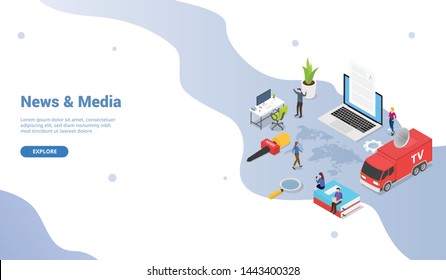 news and media concept template with tv van and news anchor mic with modern isometric for website template or landing homepage - vector