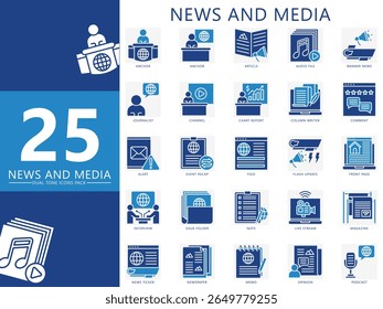O conjunto de ícones de tons duplos de notícias e mídia contém âncora, jornalista, artigo, canal, entrevista, edição, nota, revista, banner, feed e muito mais. Vetor para UI, kit UX, jornalismo web e app, radiodifusão.