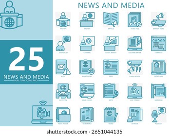 O conjunto de ícones de tons duplos de notícias e mídia contém âncora, jornalista, artigo, canal, entrevista, edição, nota, revista, banner, feed e muito mais. Vetor para UI, kit UX, jornalismo web e app, radiodifusão.