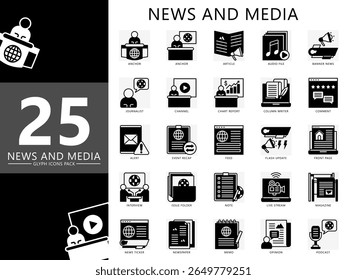 O conjunto de ícones de glifos de notícias e mídia contém âncora, jornalista, artigo, canal, entrevista, edição, nota, revista, banner, feed e muito mais. Vetor para UI, kit UX, jornalismo web e app, radiodifusão.