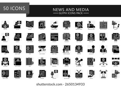 News and media glyph icons set. contain anchor, note, article, breaking news, feed, camera, editor, video, post, magazine, podcast and more. Vector for UI, UX kit, web and app journalist, broadcasting