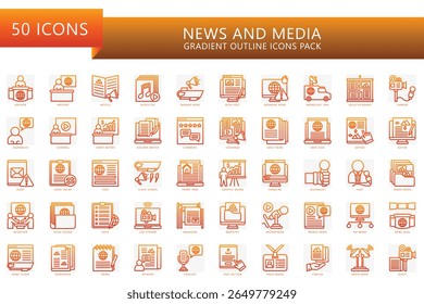 O conjunto de ícones de gradiente de notícias e mídia contém âncora, nota, artigo, notícias de última hora, feed, câmera, editor, vídeo, post, revista e muito mais. Vetor para UI, kit UX, jornalista de web e app, radiodifusão.