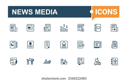 News Media icon collection. Contains such icons as radio, Journalism, information, advertising, man, telecom, marketing. Minimalistic icon. Editable vector outline and solid icons.