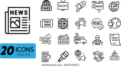 News and Media Icon Set: 20 Outline Vector Illustrations