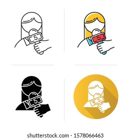 News and media icon. Telecommunications and entertainment. Interviewer. Channel broadcasting. Journalism, filming reportage. Flat design, linear and color styles. Isolated vector illustrations