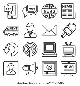 News Media Icons Set on White Background. Line Style Vector