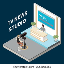 News media isometric concept with journalist in tv studio vector illustration