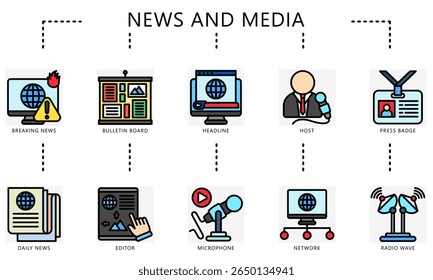 Ícones de cores do contorno de notícias e mídia. Conter notícias de última hora, boletim, manchete, host, crachá de identificação, notícias diárias, editor, microfone e muito mais. Vetor para UI, kit UX, jornalista de web e app, radiodifusão.