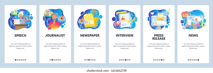 News media report, press conference, tv journalist. Mobile app onboarding screens. Menu vector banner template for website and mobile development. Web site design flat illustration.