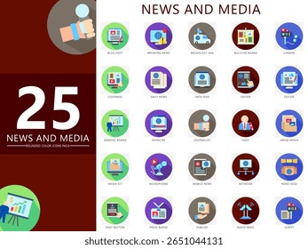 News and media rounded icons set. contain blog, breaking news, broadcast van, host, headline, editor, camera, microphone, script and more. Vector for UI, UX kit, web and app journalism, broadcasting.